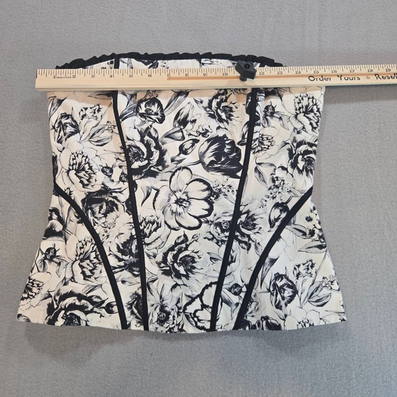 White House Black Market Floral Corset Top Strapless Black White Ruffle Size 6 - Picture 7 of 8